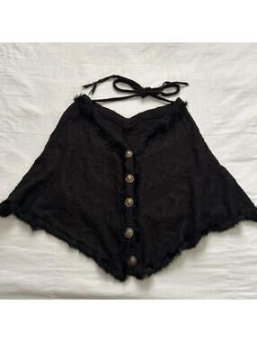 D.i.a. Black fur trim poncho with gold buttons